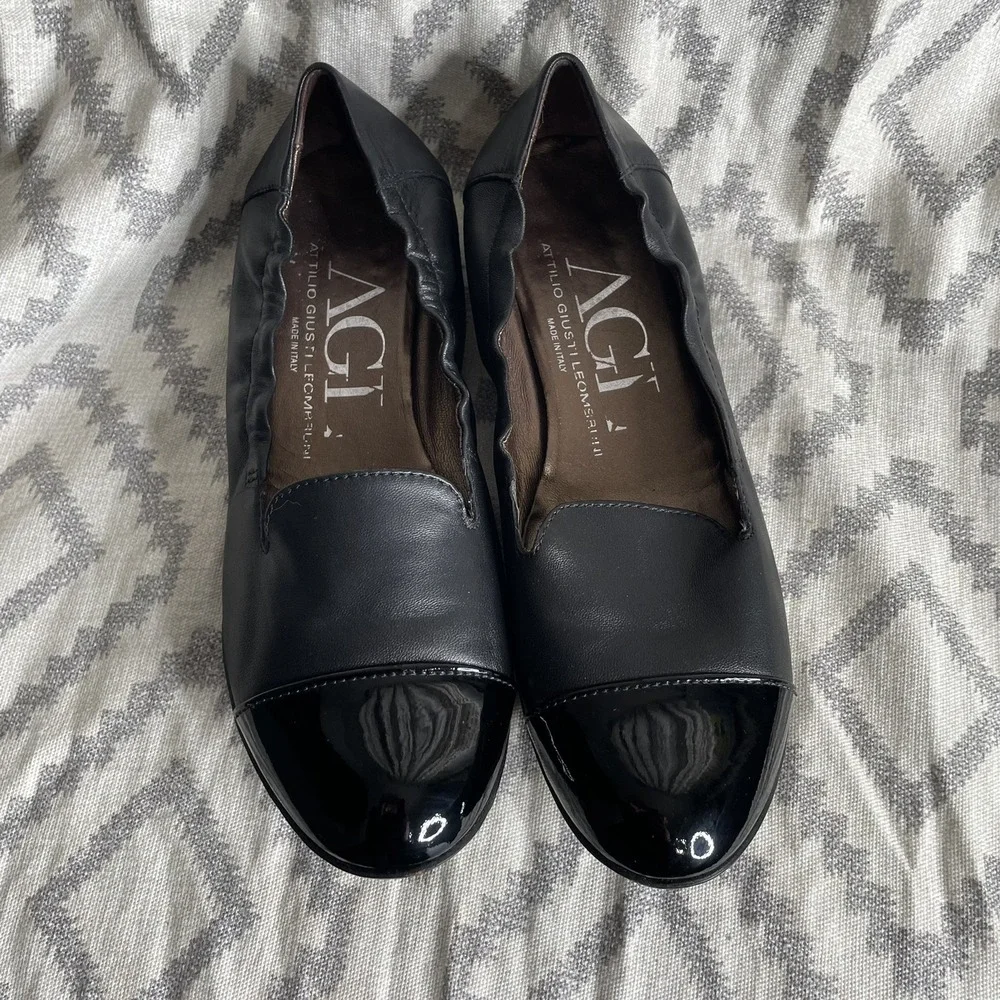AGL Attilio Giusti Leombruni Ballet Flat 38.5 Black Leather Shoe Cap Toe Italy‎